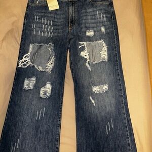 Woman’s Distressed Wide Leg Trouser Blue Jeans